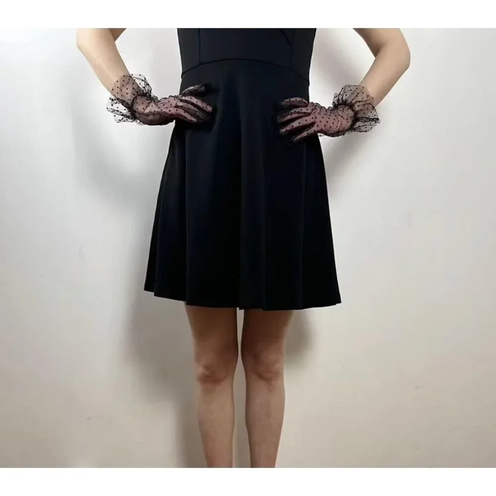 Women's Vintage Black Dots Mesh Tulle Short Lace Gloves Semi Sheer Party Costume